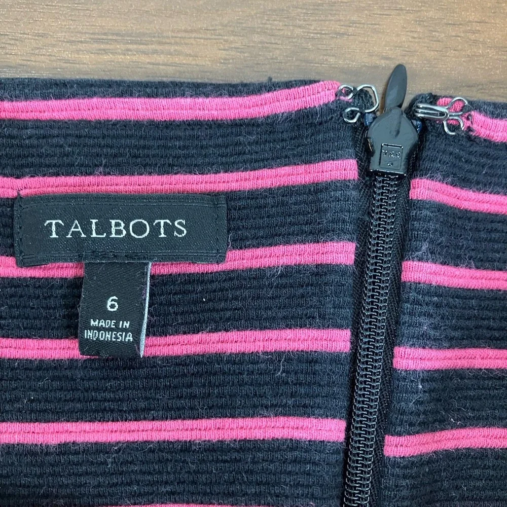 Talbots Womens Black & Pink Striped Short Sleeve Fit & Flare Knee Length Dress 6